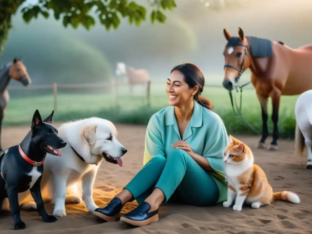 Un grupo diverso sonríe al interactuar con animales en una escena de terapia, transmitiendo conexión y alegría en Uruguay