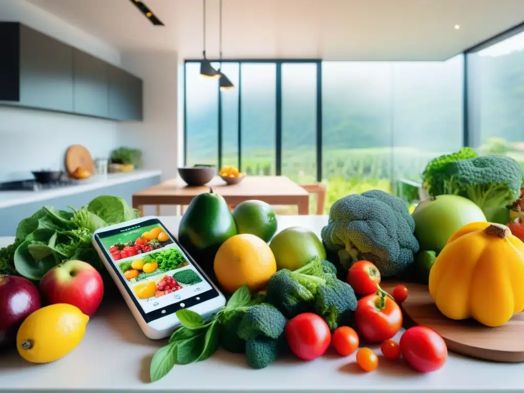 Un grupo diverso en Uruguay usa Apps de nutrición mientras comparten alimentos saludables en una cocina moderna y luminosa