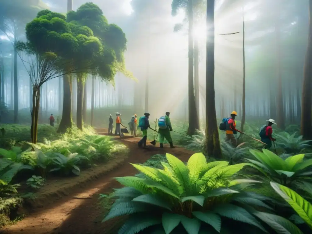 Grupo diverso plantando árboles en un bosque verde, promoviendo 10 hábitos sostenibles en Uruguay