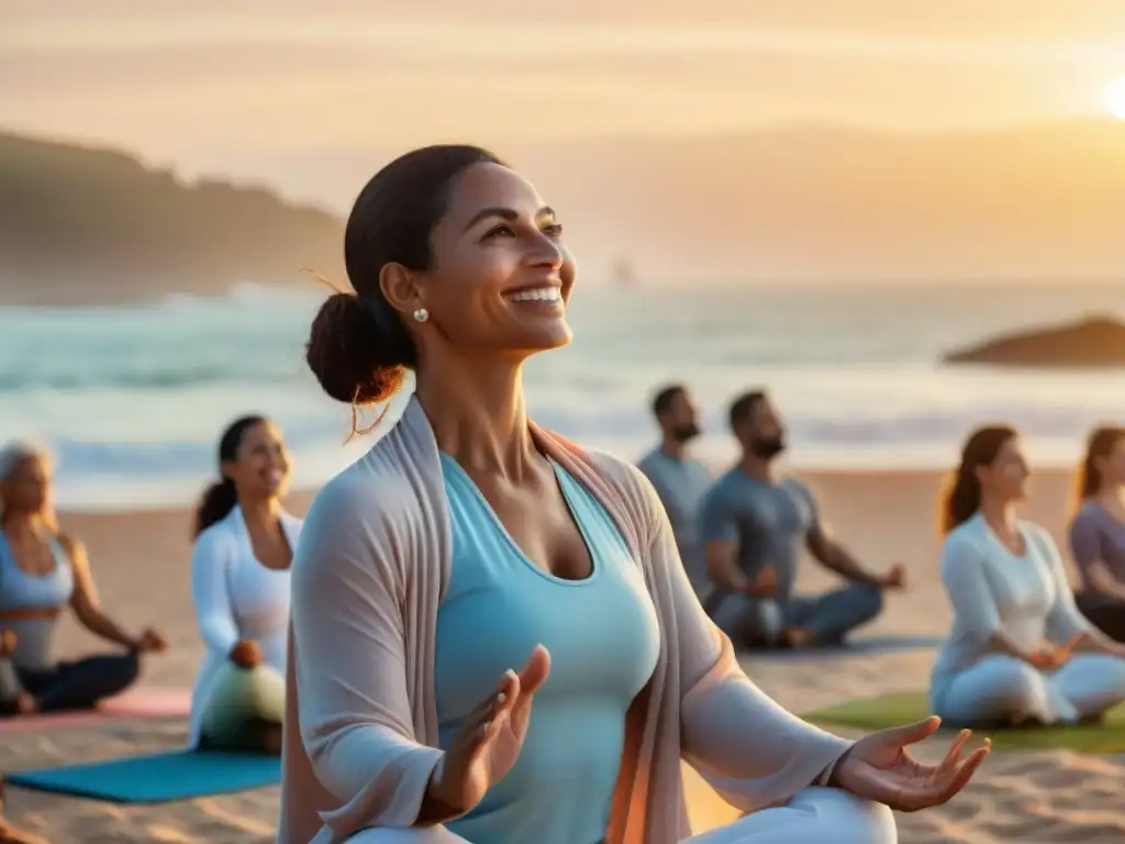 Un grupo diverso practica yoga al atardecer en una playa serena de Uruguay