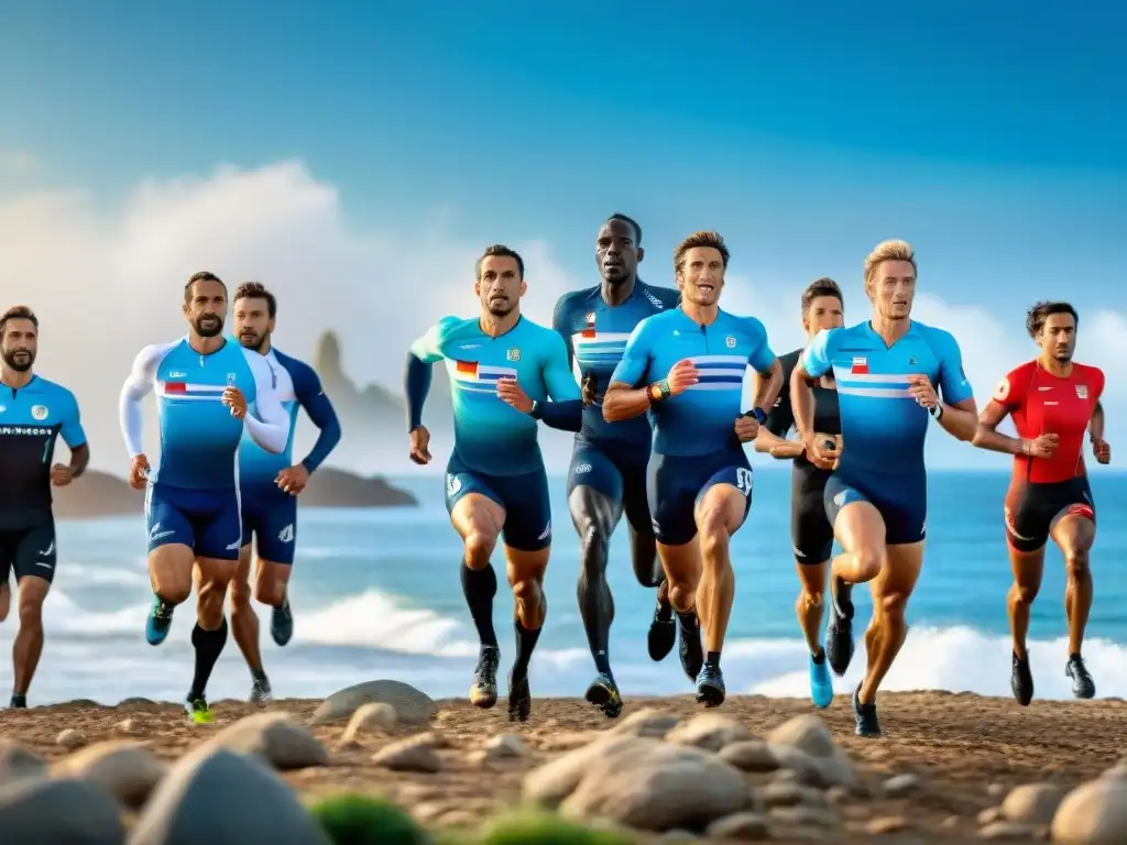 Un grupo diverso de atletas en acción, con la bandera de Uruguay, en la costa