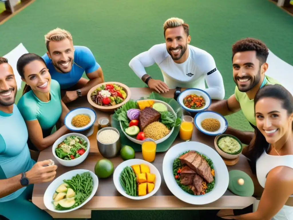 Un grupo diverso de atletas en Uruguay planificando comidas para rendimiento deportivo