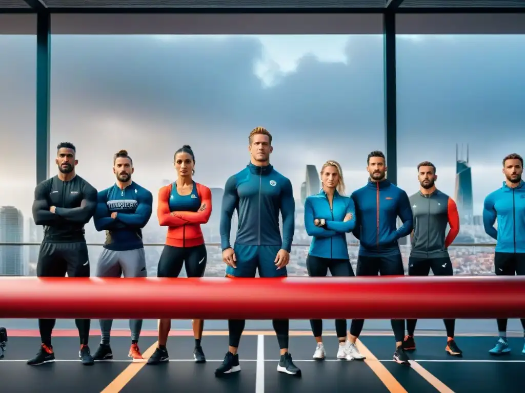 Un grupo diverso de atletas de élite en Uruguay, concentrados durante un entrenamiento intenso en un moderno centro deportivo, rodeados de equipamiento deportivo de vanguardia y una vista panorámica de la ciudad, simbolizando la fusión de deporte, tecnología y energía urbana en el ámbito de los