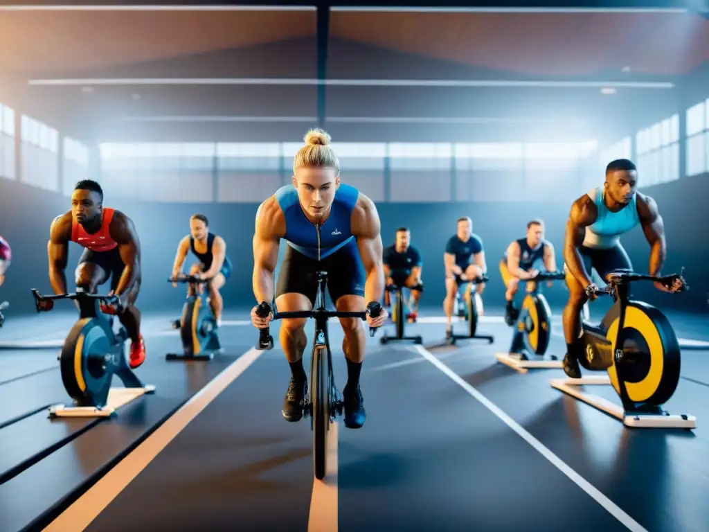 Un grupo diverso de atletas en entrenamiento intenso en un moderno centro deportivo