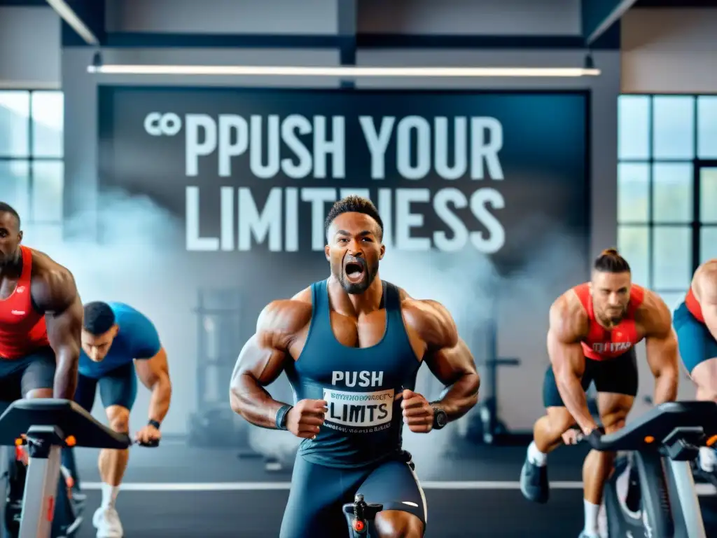 Un grupo diverso de atletas se esfuerza al límite en un gimnasio moderno, motivados por carteles inspiradores