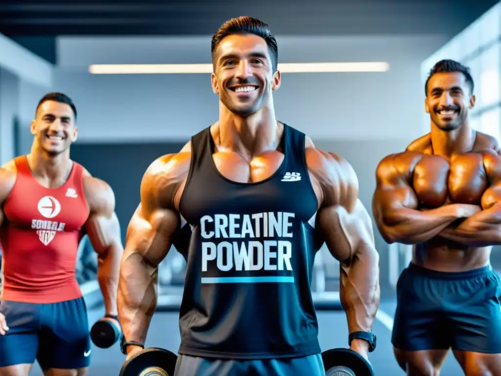 Un grupo diverso de atletas sonrientes en un gimnasio moderno en Uruguay, destacando los beneficios de la creatina para la fuerza y masa muscular