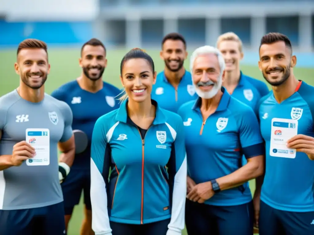 Un grupo diverso de atletas sonrientes en Uruguay, mostrando sus seguros de salud y deportes, frente a instalaciones deportivas modernas