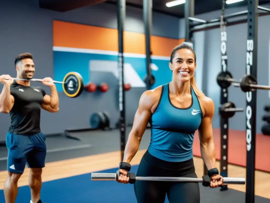 Grupo diverso de atletas uruguayos sonrientes entrenando en un gimnasio moderno