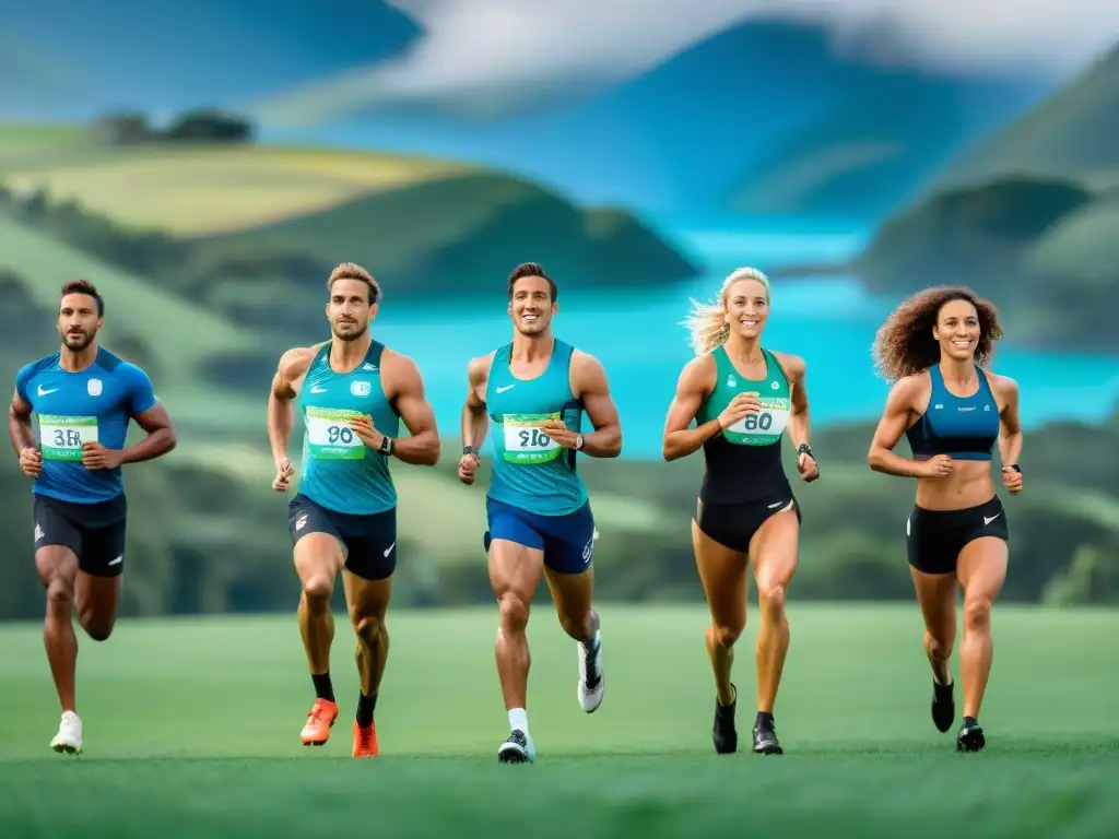 Un grupo diverso de atletas uruguayos en acción, con suplementos nutricionales para deportistas, en un campo verde exuberante