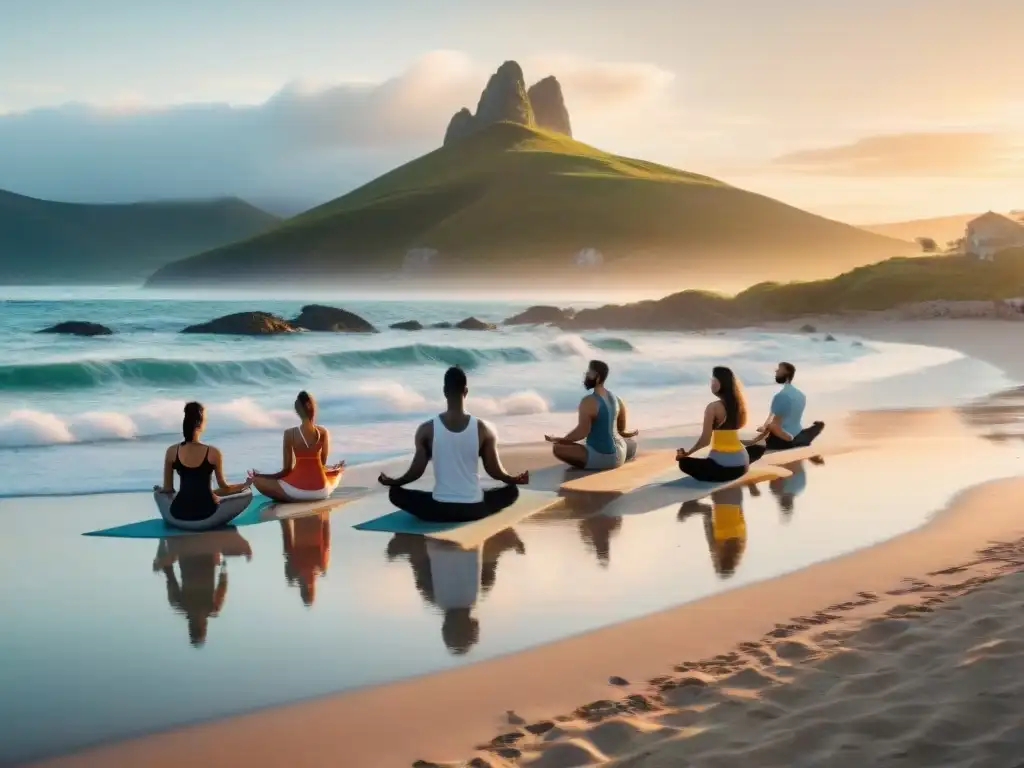 Un grupo diverso practica autocuidado integral en la playa de Uruguay al atardecer