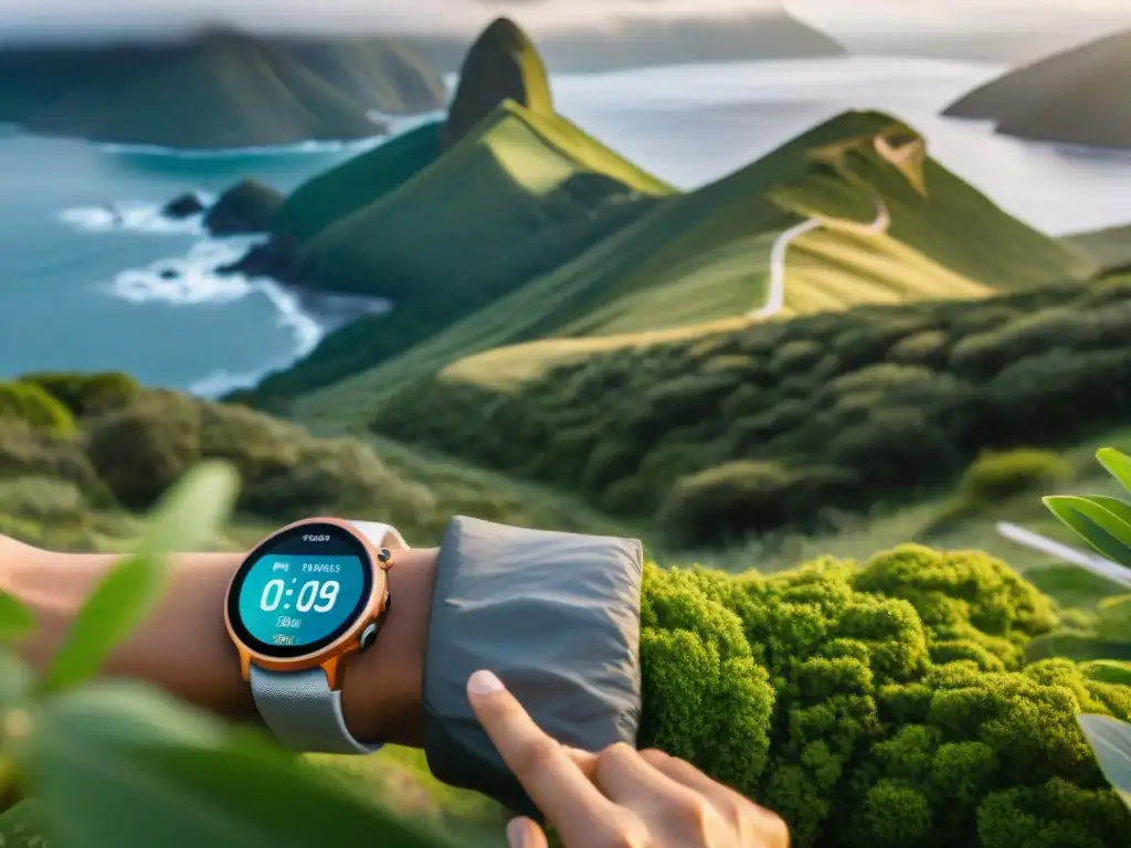 Un grupo diverso usa wearables fitness para aventuras en Uruguay, en medio de paisajes verdes