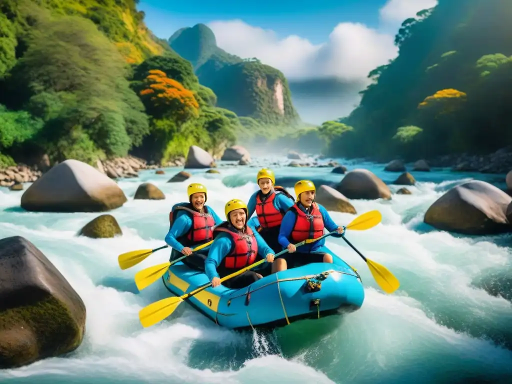 Un grupo diverso de aventureros sonríe mientras practica rafting en el río Cebollatí, transmitiendo alegría y bienestar integral