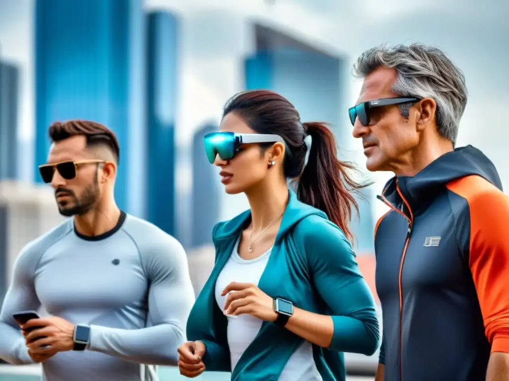 Un grupo diverso en Uruguay usando wearables para bienestar integral mientras disfrutan de la vida en una ciudad futurista