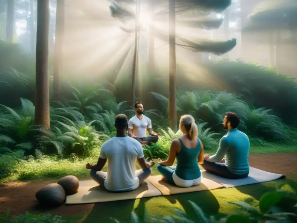 Grupo diverso meditando en un bosque verde en Uruguay, resplandor del sol en rostros tranquilos