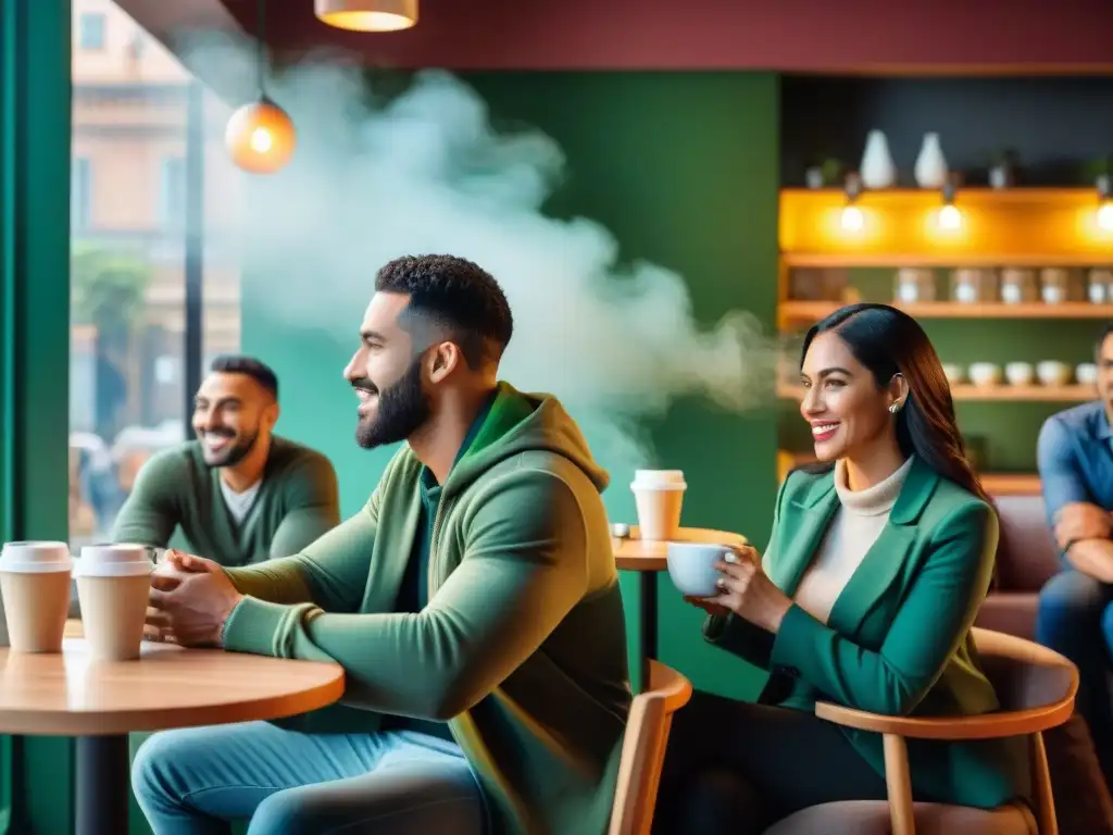 Grupo diverso en cafetería de Montevideo, Uruguay, demostrando inteligencia emocional en una conversación profunda