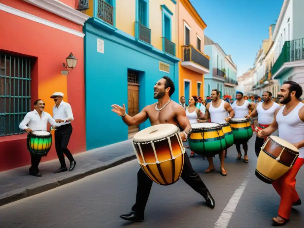 Grupo diverso bailando alegremente candombe en las calles de Montevideo, Uruguay