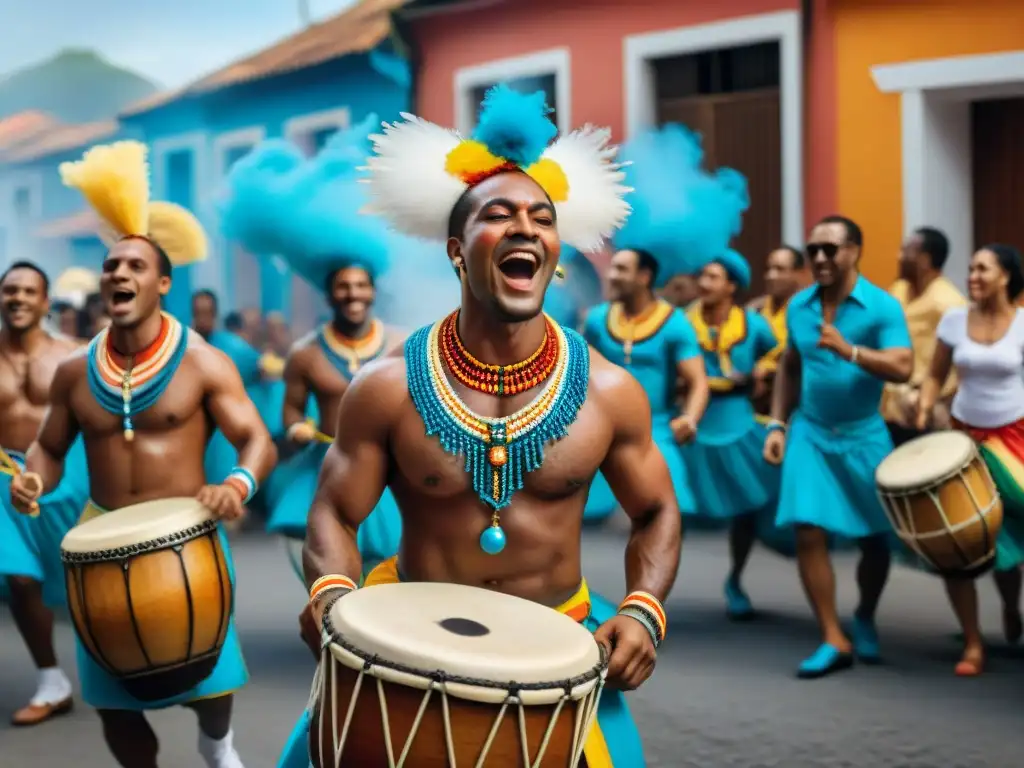 Grupo diverso bailando alegremente el Candombe en desfile callejero vibrante