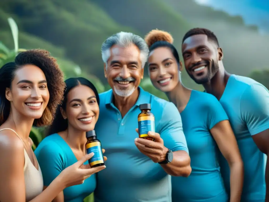 Un grupo diverso sonríe bajo el cielo azul, rodeados de vegetación exuberante, mostrando piel radiante