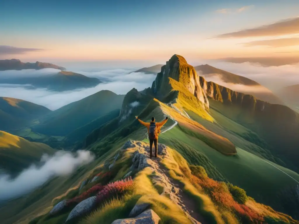 Un grupo diverso celebra en la cima de una montaña al atardecer, simbolizando logros y unidad