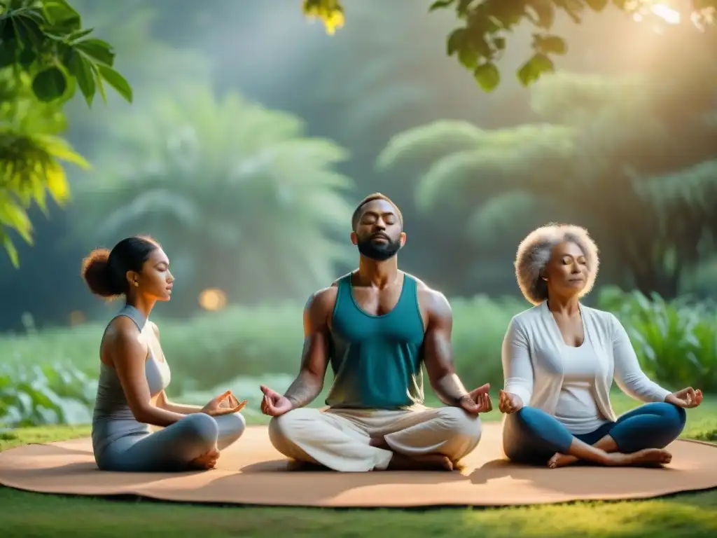 Grupo diverso meditando en círculo al aire libre al atardecer, transmitiendo calma y unidad