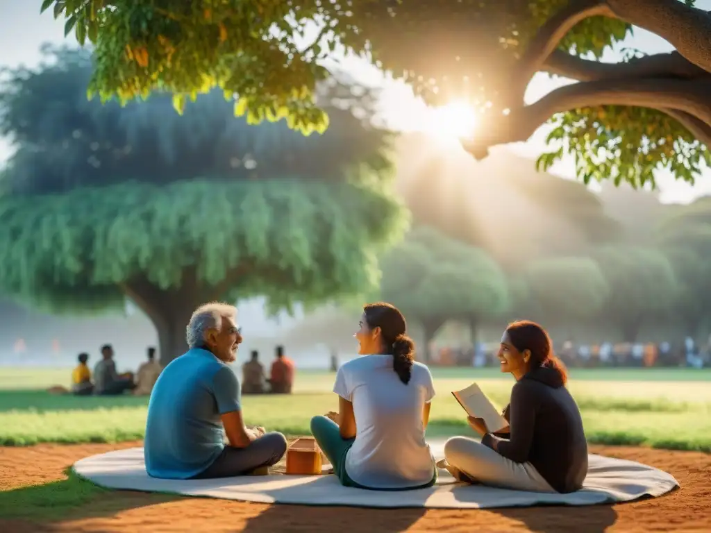 Grupo diverso en círculo bajo árbol en parque vibrante de Uruguay