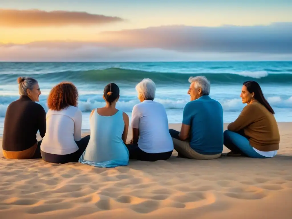 Grupo diverso en círculo en playa de Uruguay, participando en taller de autoaceptación al atardecer