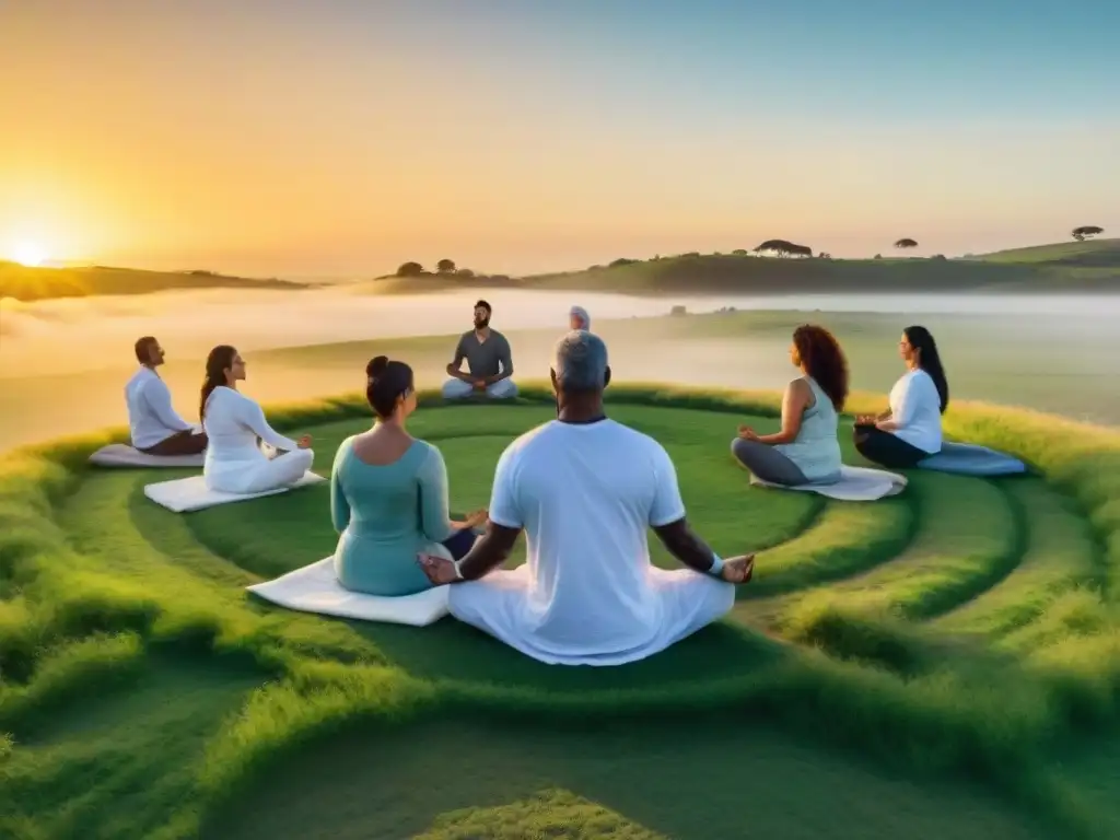 Grupo diverso meditando en círculo en Uruguay, campo verde al atardecer