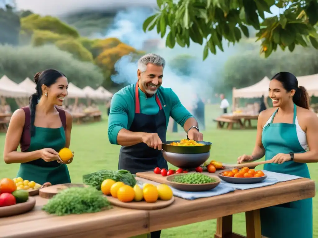 Grupo diverso disfruta de clase cocina al aire libre en Uruguay, transmitiendo bienestar integral