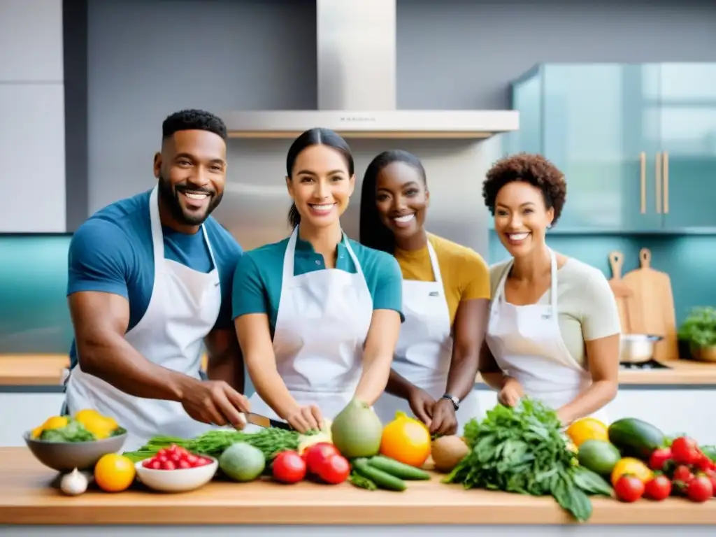 Grupo diverso sonriendo en clase cocina saludable, rodeados de frutas, verduras y utensilios