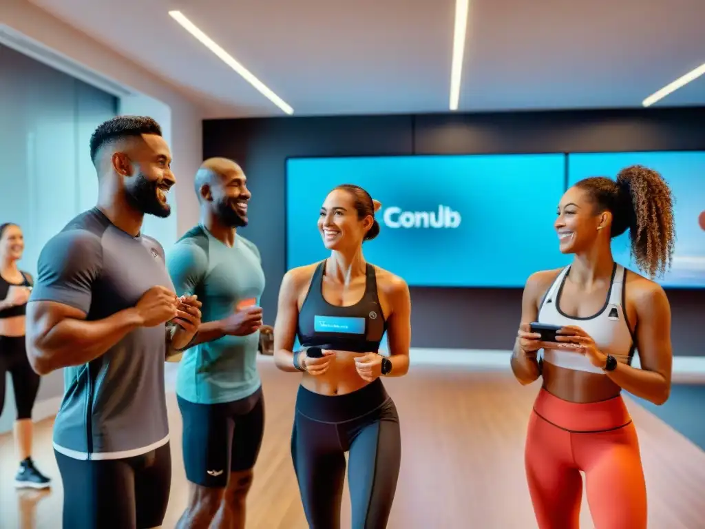 Grupo diverso en clase fitness virtual con wearables personalizados para bienestar integral en gimnasio futurista