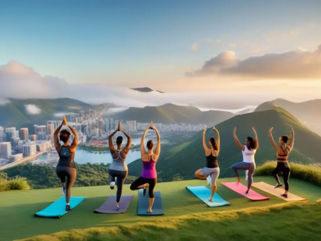 Grupo diverso disfruta clase de educación física dinámica en montaña con vista a la ciudad al atardecer en Uruguay