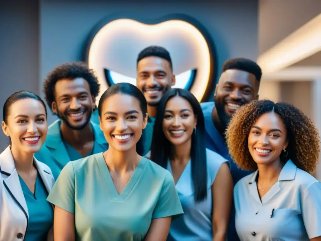 Un grupo diverso sonríe en una clínica dental moderna