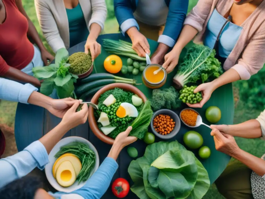 Grupo diverso disfrutando comida al aire libre con beneficios alimentos antiinflamatorios dieta Uruguay