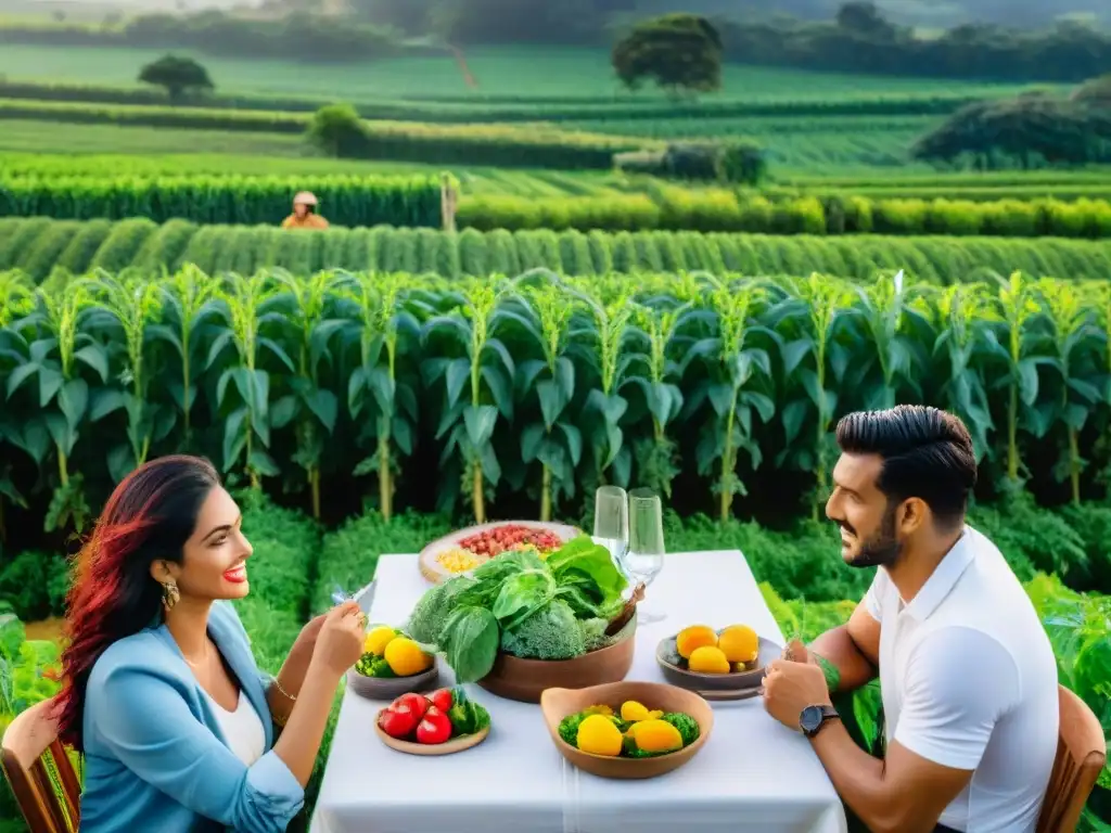 Grupo diverso disfruta de comida al aire libre en entorno sostenible