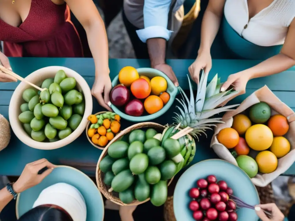 Grupo diverso disfrutando una comida saludable en mercado al aire libre en Uruguay