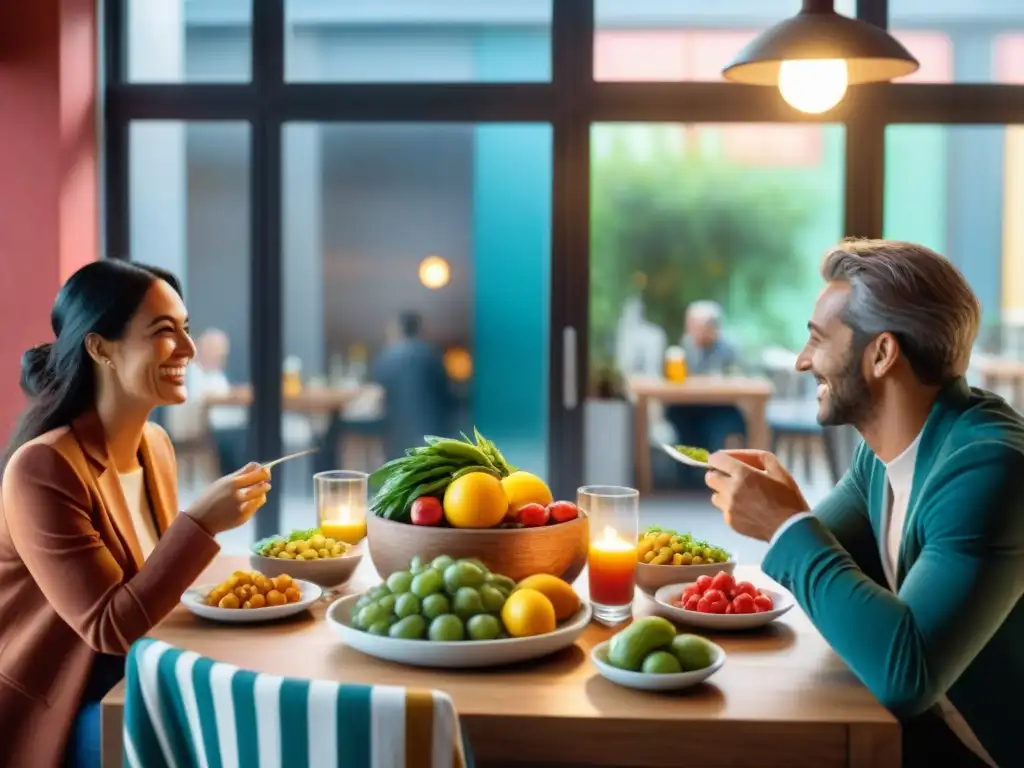 Grupo diverso disfruta de comida saludable en café trendy en Uruguay, mostrando opciones para sensibilidad alimentaria