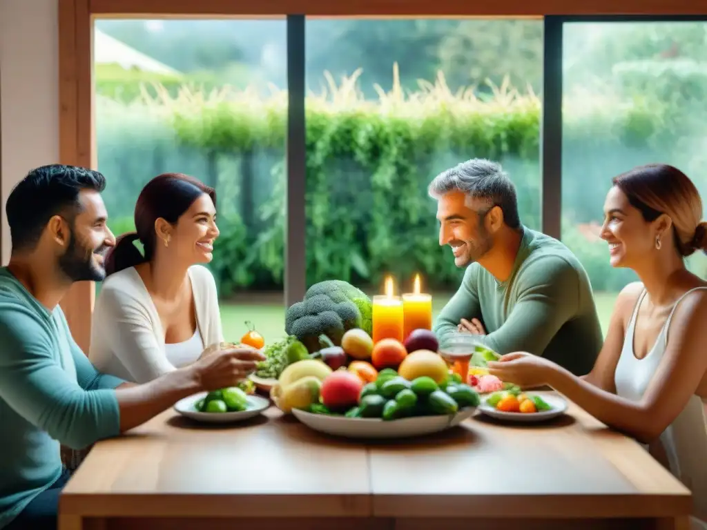 Un grupo diverso en Uruguay comparte una comida saludable en una cocina luminosa, promoviendo la sensibilidad alimentaria en Uruguay