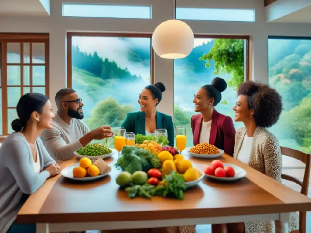 Un grupo diverso comparte una comida saludable en una cocina moderna con vista a la naturaleza