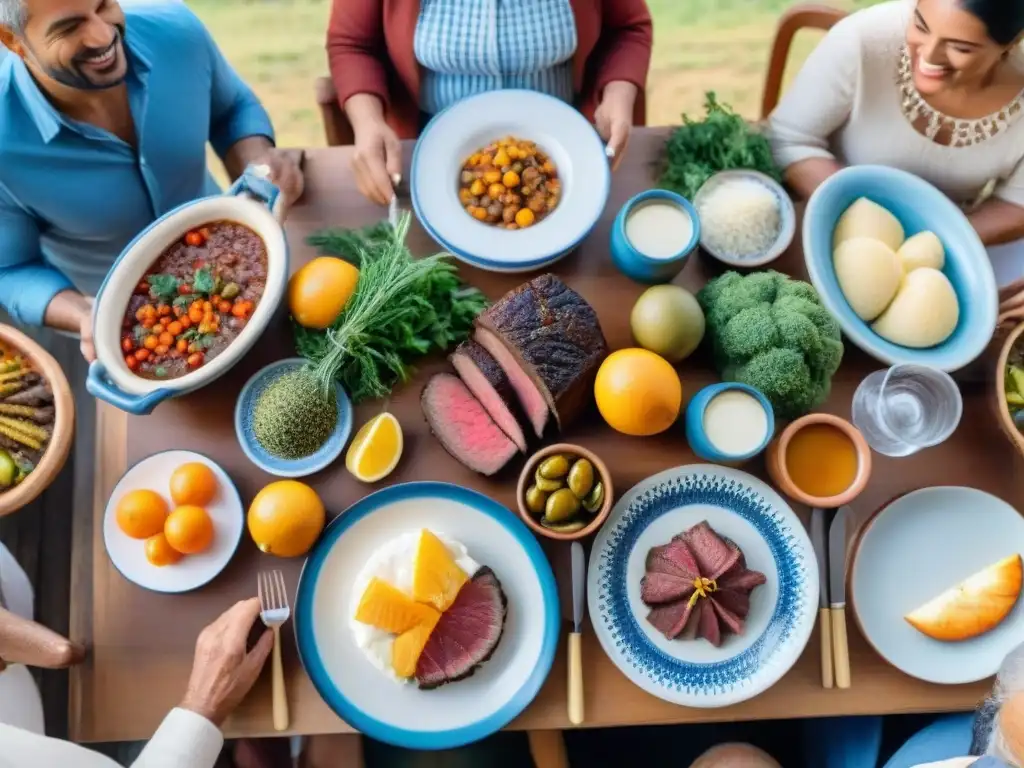 Grupo diverso disfrutando de comida tradicional uruguaya, resaltando alimentos desencadenantes de sensibilidad en Uruguay