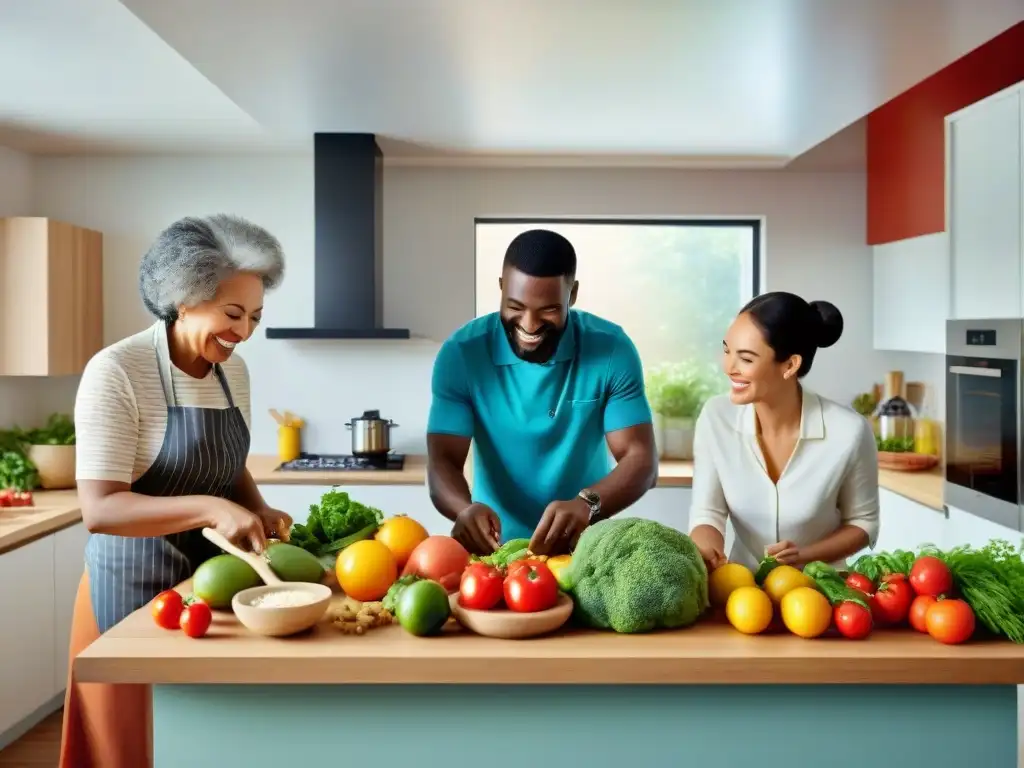 Grupo diverso preparando comidas saludables en Uruguay