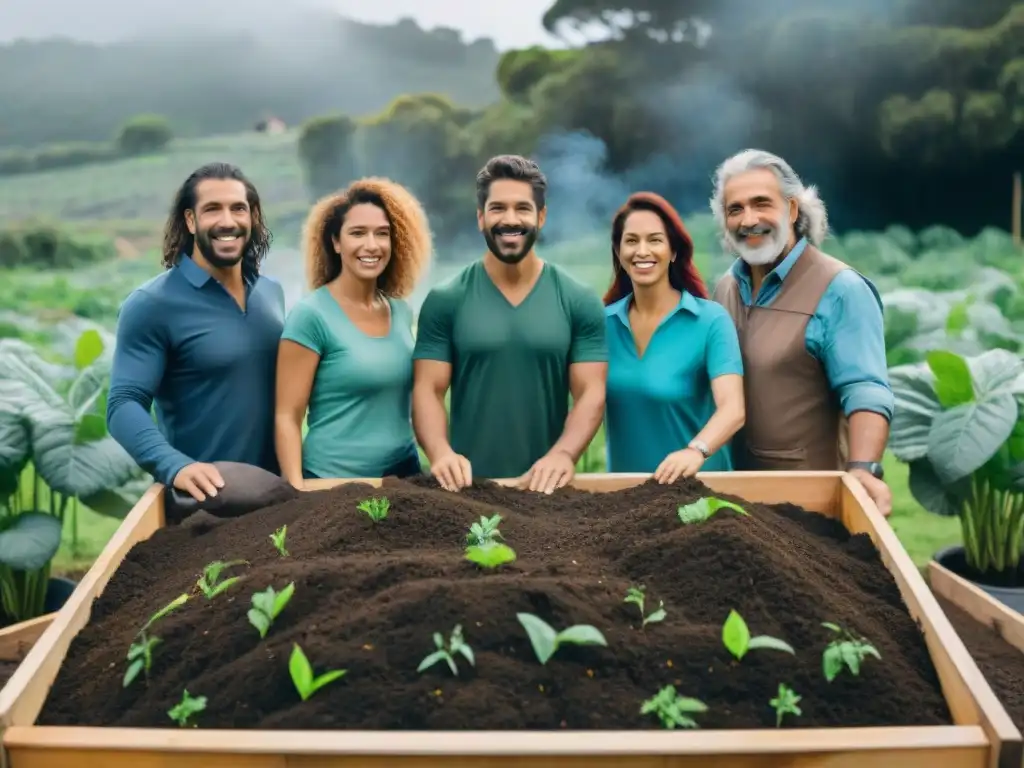 Un grupo diverso en Uruguay practica compostaje rodeado de naturaleza