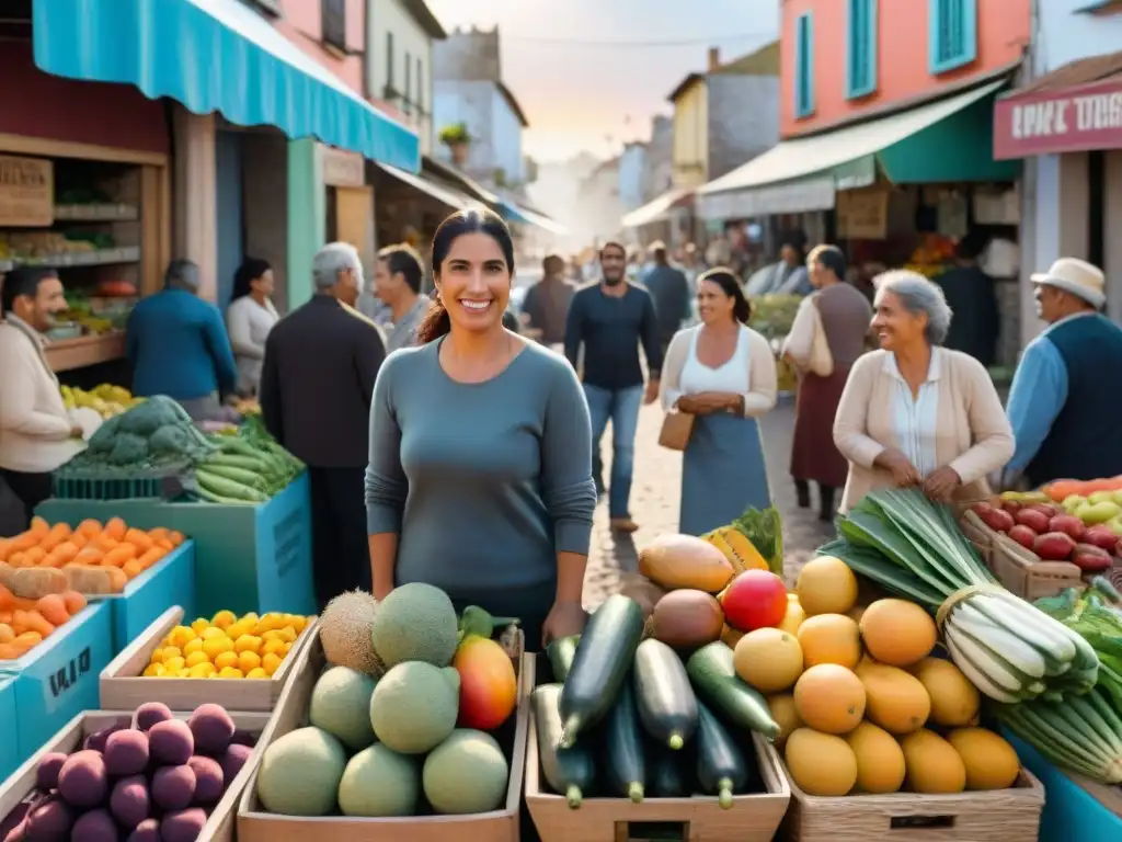 Grupo diverso en Uruguay disfruta de compra responsable en mercado con frutas y verduras locales, iluminados por el sol poniente