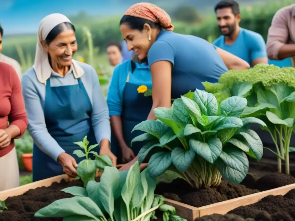 Grupo diverso en jardín comunitario en Uruguay, cultivando frutas y verduras juntos