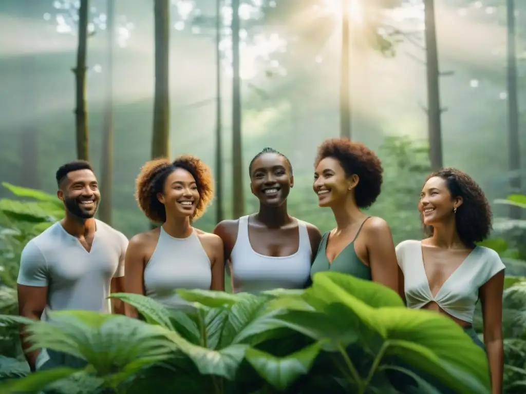 Un grupo diverso sonríe confiado en un bosque, reflejando la belleza natural, conexión y transformación