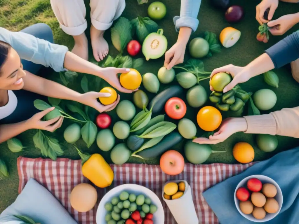 Grupo diverso en Uruguay practicando alimentación consciente entre vegetales y frutas coloridas