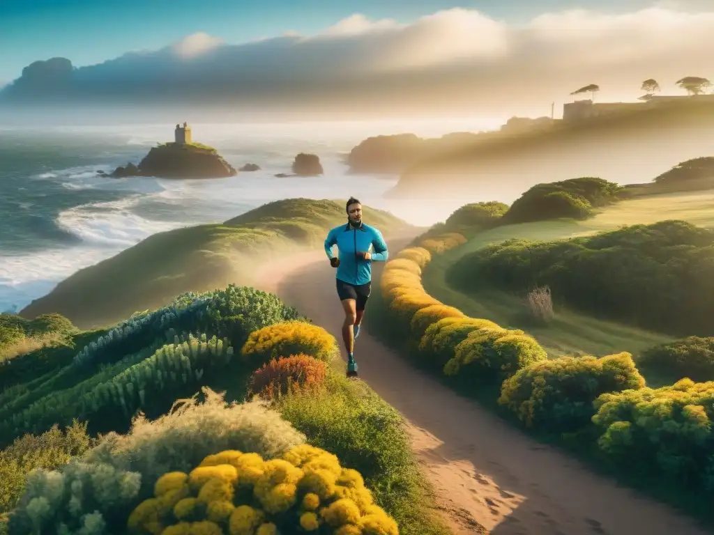 Un grupo diverso en activewear corre por la costa de Uruguay en diferentes estaciones, destacando la versatilidad de la rutina de fitness en Uruguay