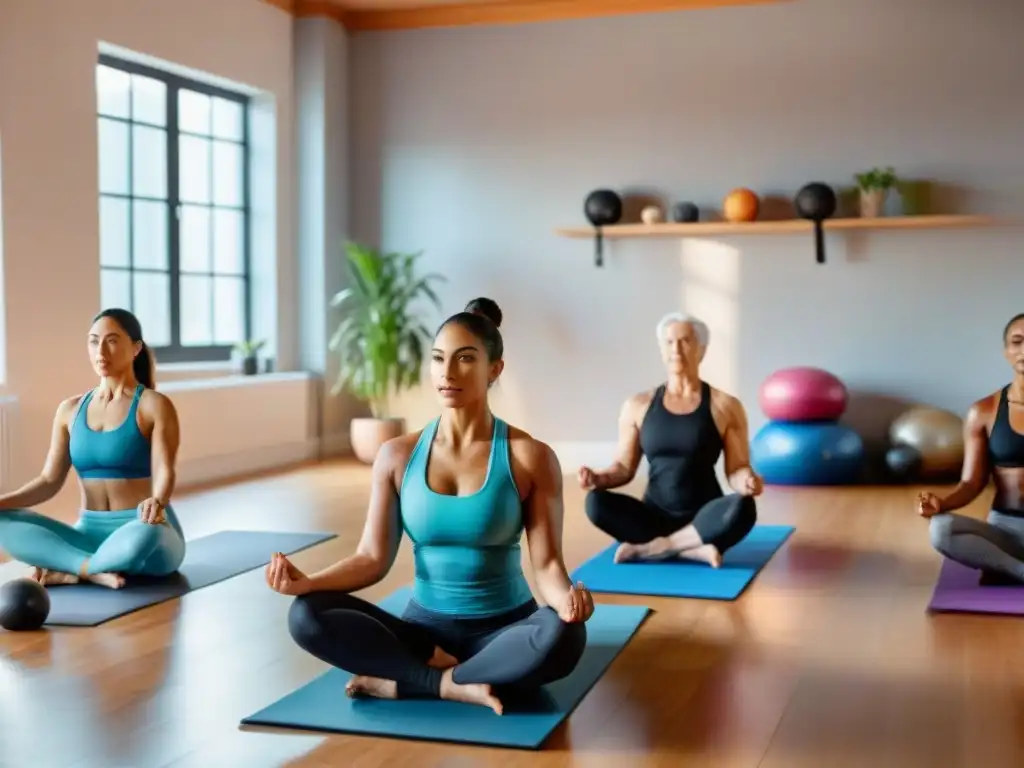 Grupo diverso en Uruguay haciendo cursos online ejercicio en casa con yoga, pesas y bandas de resistencia