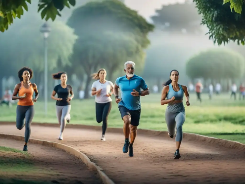 Grupo diverso haciendo deporte en parque vibrante de Uruguay