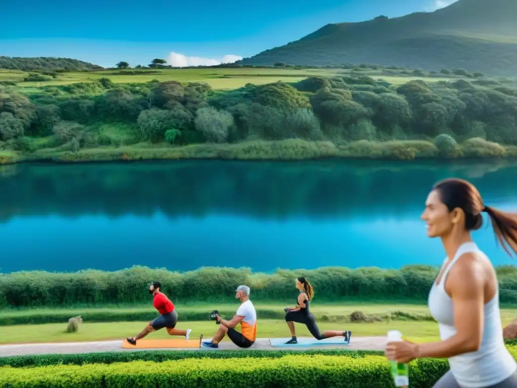 Un grupo diverso en Uruguay practica deportes al aire libre consumiendo suplementos nutricionales en un paisaje verde y cielos azules