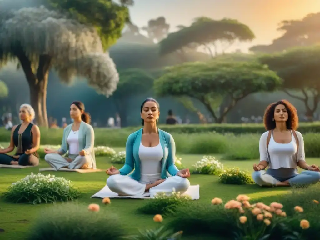 Grupo diverso en Uruguay practicando meditación diaria en un parque verde, unidos en paz y serenidad